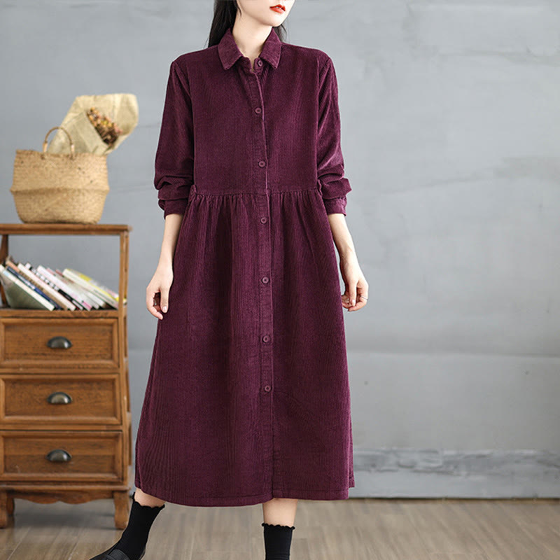Nimara Ritual Plain Buttons Long Sleeve Women's Cotton Corduroy Coat With Pockets