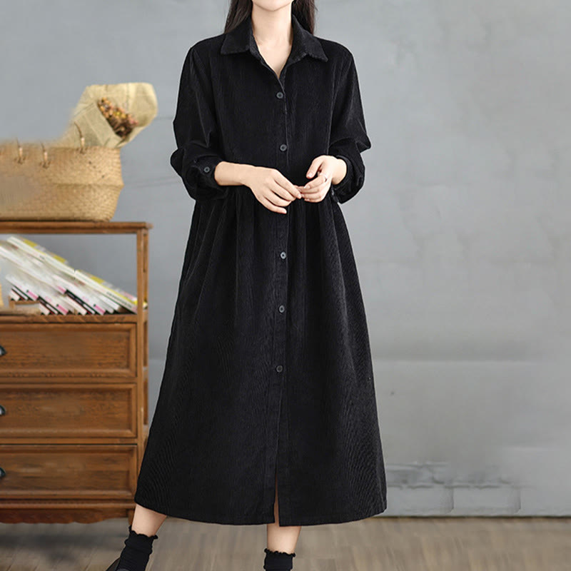 Nimara Ritual Plain Buttons Long Sleeve Women's Cotton Corduroy Coat With Pockets