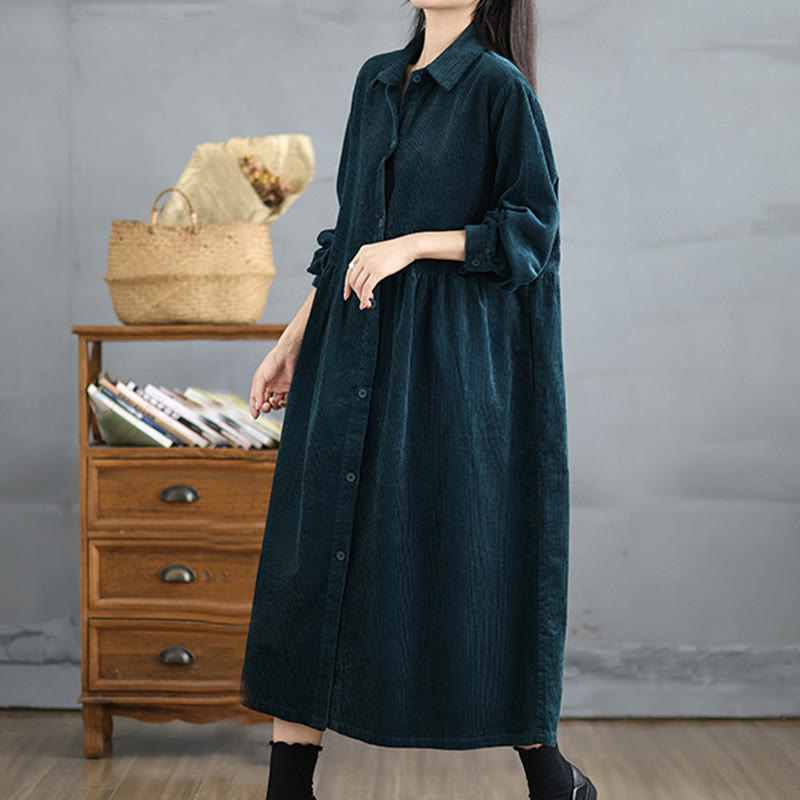 Nimara Ritual Plain Buttons Long Sleeve Women's Cotton Corduroy Coat With Pockets
