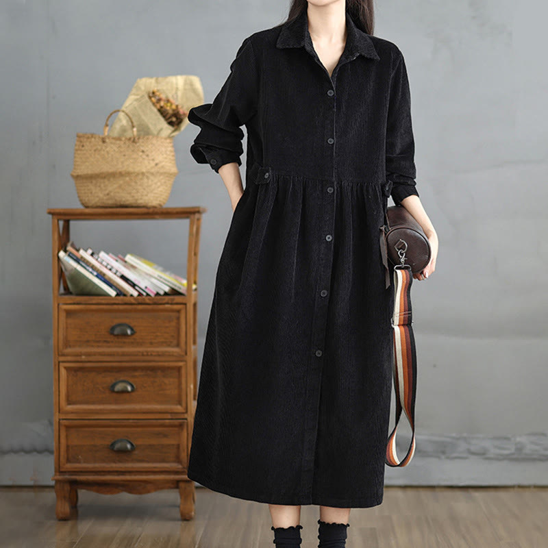 Nimara Ritual Plain Buttons Long Sleeve Women's Cotton Corduroy Coat With Pockets