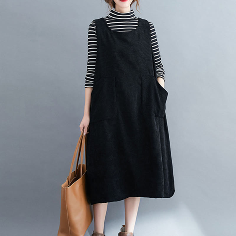 Nimara Ritual Commute Crew Neck Women's Sleeveless Cotton Corduroy Midi Dress With Pockets