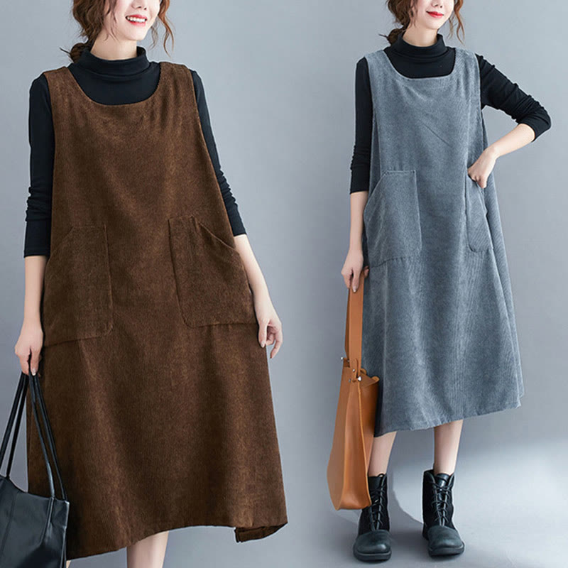 Nimara Ritual Commute Crew Neck Women's Sleeveless Cotton Corduroy Midi Dress With Pockets