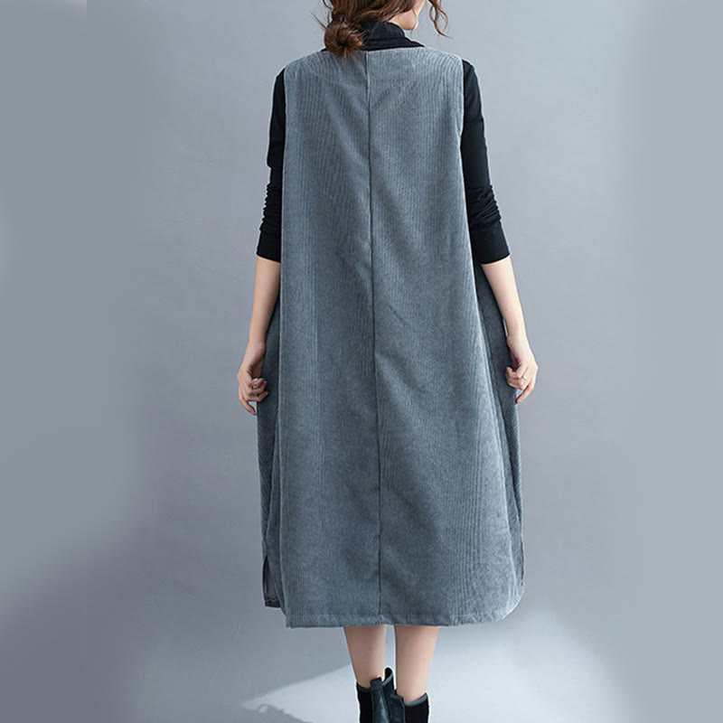 Nimara Ritual Commute Crew Neck Women's Sleeveless Cotton Corduroy Midi Dress With Pockets