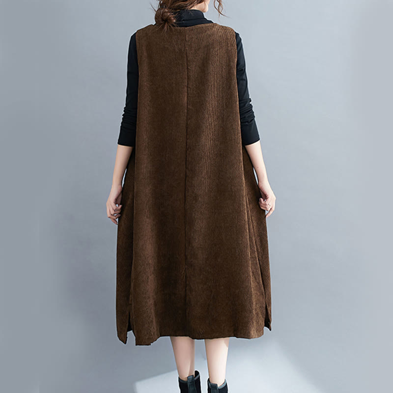 Nimara Ritual Commute Crew Neck Women's Sleeveless Cotton Corduroy Midi Dress With Pockets