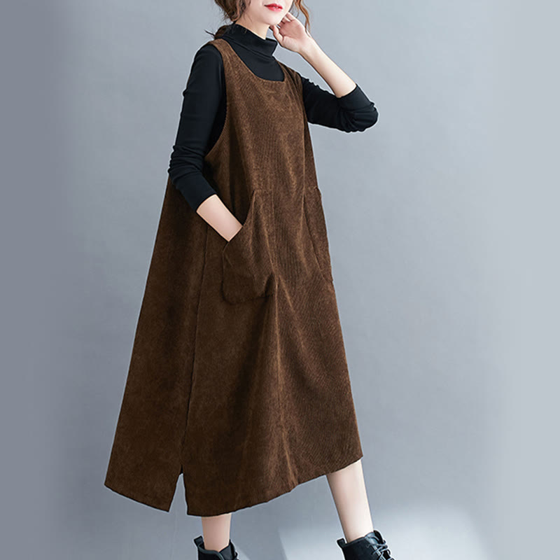 Nimara Ritual Commute Crew Neck Women's Sleeveless Cotton Corduroy Midi Dress With Pockets