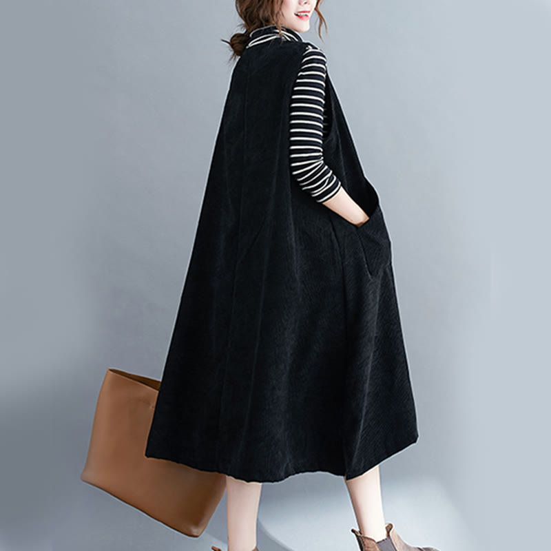 Nimara Ritual Commute Crew Neck Women's Sleeveless Cotton Corduroy Midi Dress With Pockets