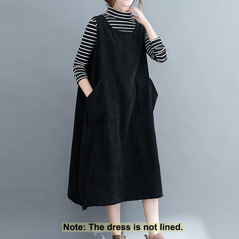 Nimara Ritual Commute Crew Neck Women's Sleeveless Cotton Corduroy Midi Dress With Pockets