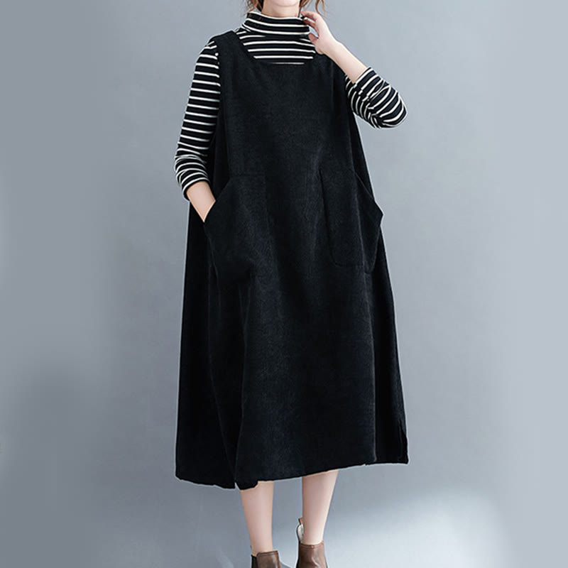 Nimara Ritual Commute Crew Neck Women's Sleeveless Cotton Corduroy Midi Dress With Pockets