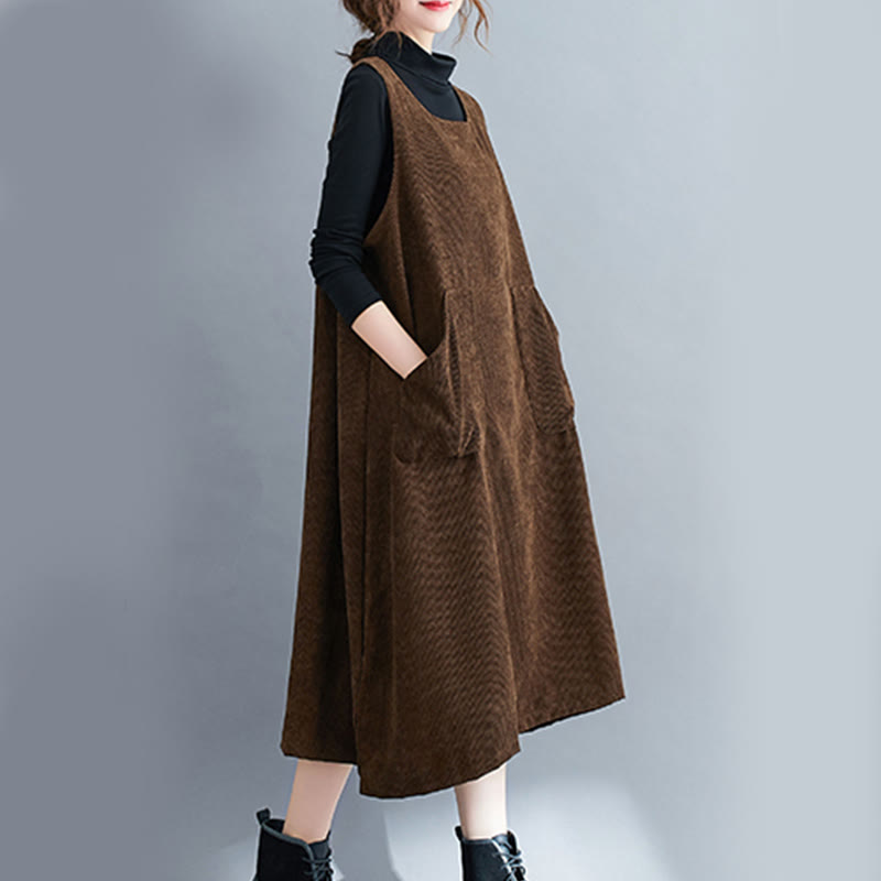 Nimara Ritual Commute Crew Neck Women's Sleeveless Cotton Corduroy Midi Dress With Pockets