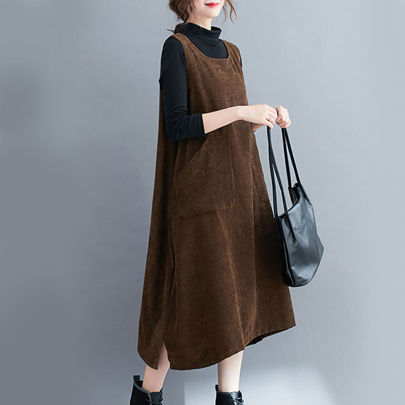 Nimara Ritual Commute Crew Neck Women's Sleeveless Cotton Corduroy Midi Dress With Pockets