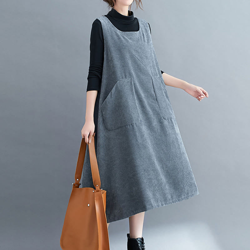 Nimara Ritual Commute Crew Neck Women's Sleeveless Cotton Corduroy Midi Dress With Pockets