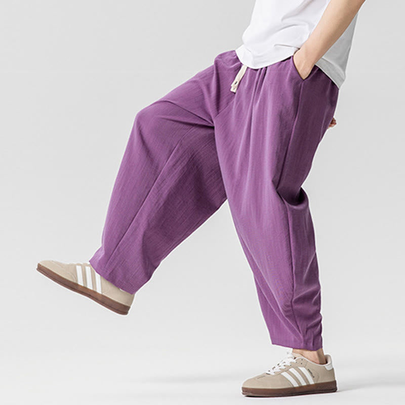Nimara Ritual Summer Pure Color Drawstring Men's Cotton Ankle-Length Pants With Pockets