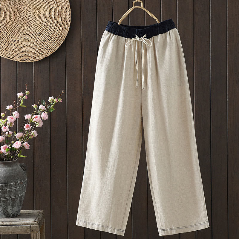 Nimara Ritual Casual Splicing Color Rope Women's Cotton Straight-leg Pants With Pockets