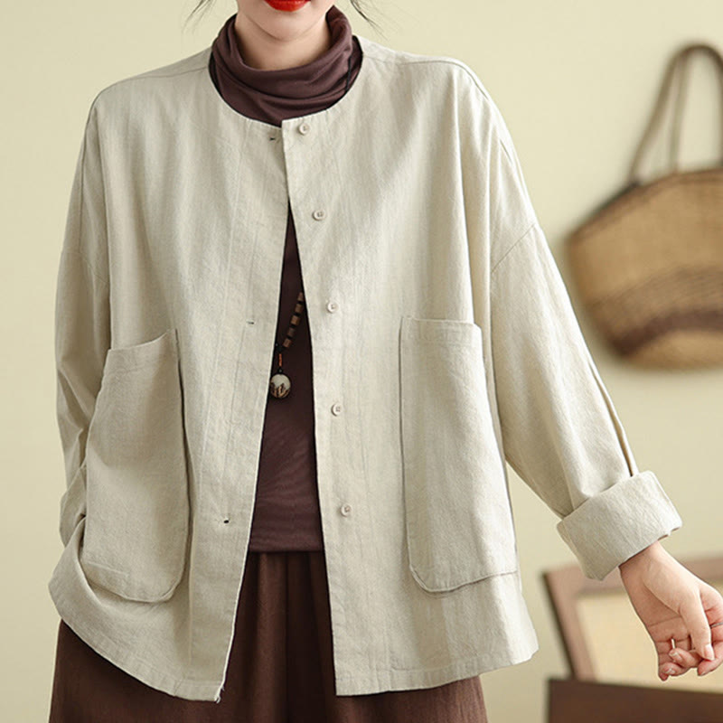Nimara Ritual Women's Long Sleeve Crew Neck Cotton Jacket With Pockets