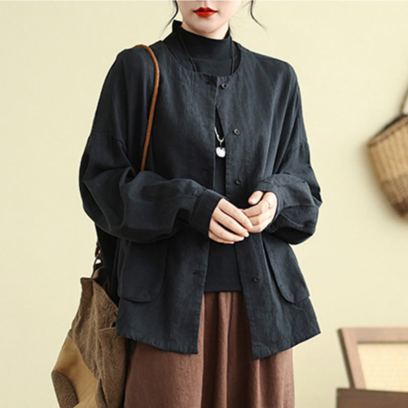 Nimara Ritual Women's Long Sleeve Crew Neck Cotton Jacket With Pockets