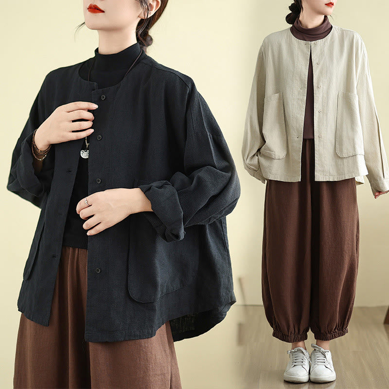Nimara Ritual Women's Long Sleeve Crew Neck Cotton Jacket With Pockets