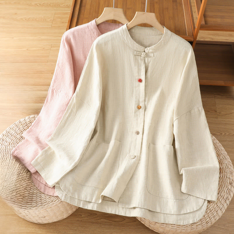 Nimara Ritual Casual Frog-button Women's Long Sleeve Cotton Polyester Shirt With Pockets