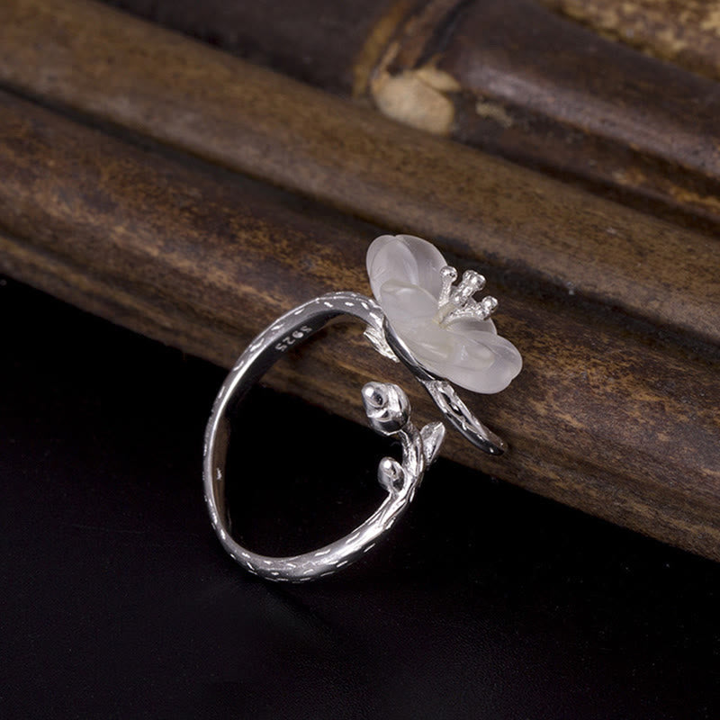 Nimara Ritual Natural White Crystal Flower 925 Sterling Silver Adjustable Healing Ring
