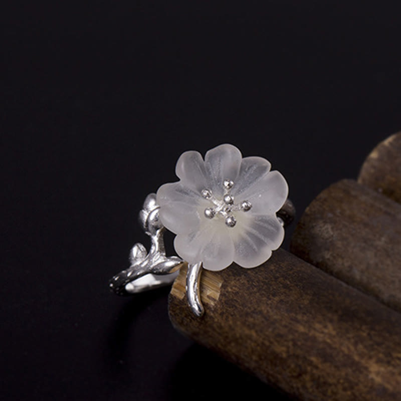 Nimara Ritual Natural White Crystal Flower 925 Sterling Silver Adjustable Healing Ring