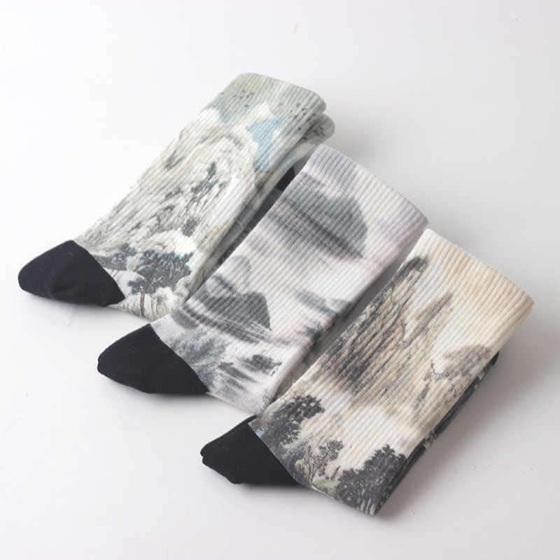 Nimara Ritual Chinese Ink Painting Landscape Pattern Micro Crew Three Pairs Men Women Unisex Socks