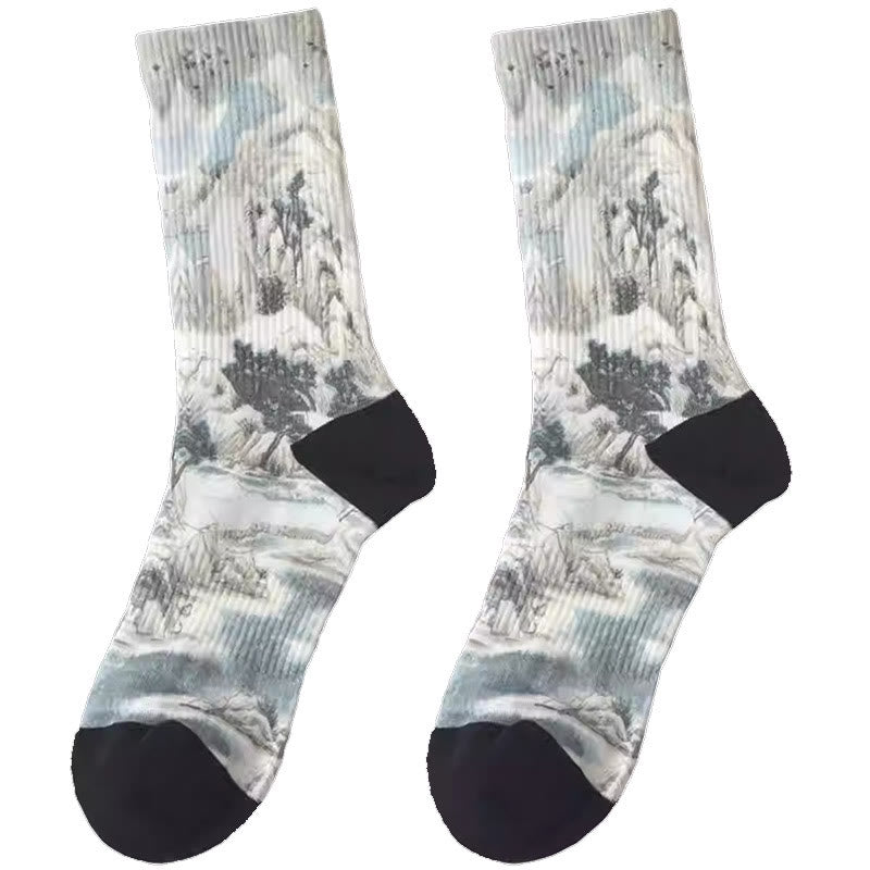 Nimara Ritual Chinese Ink Painting Landscape Pattern Micro Crew Three Pairs Men Women Unisex Socks