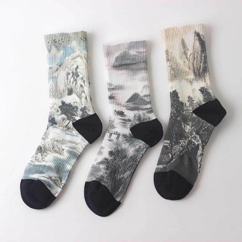 Nimara Ritual Chinese Ink Painting Landscape Pattern Micro Crew Three Pairs Men Women Unisex Socks
