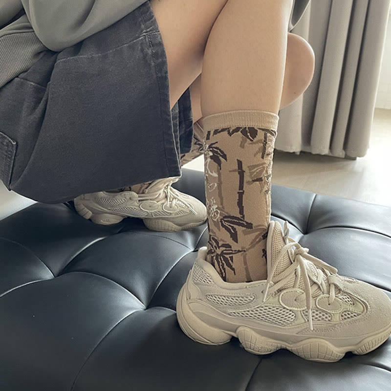 Nimara Ritual Chinese Calligraphy Floral Design Micro Crew Women Cotton Socks