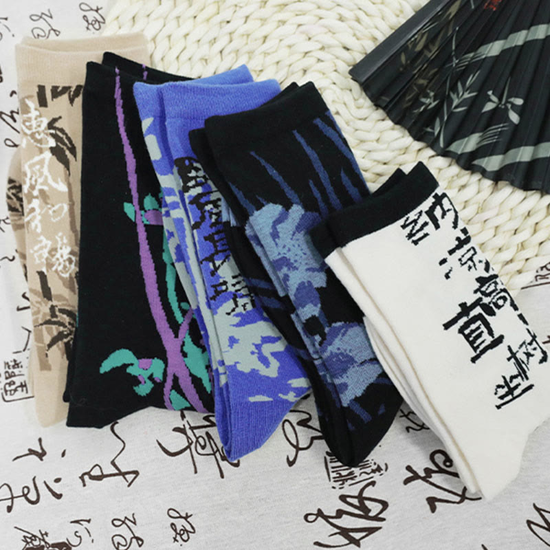 Nimara Ritual Chinese Calligraphy Floral Design Micro Crew Women Cotton Socks