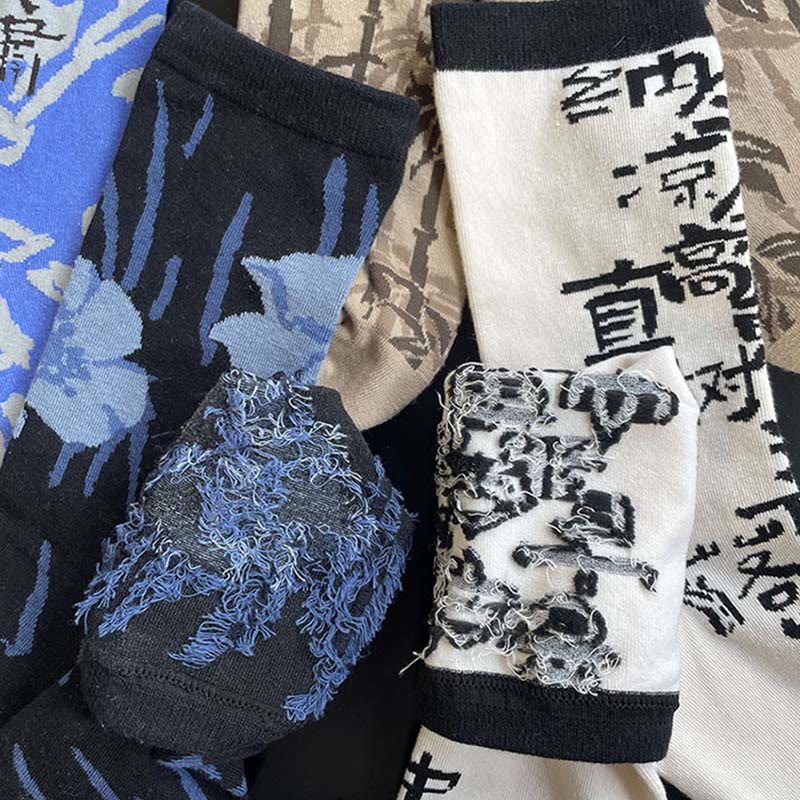 Nimara Ritual Chinese Calligraphy Floral Design Micro Crew Women Cotton Socks