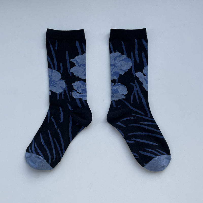 Nimara Ritual Chinese Calligraphy Floral Design Micro Crew Women Cotton Socks