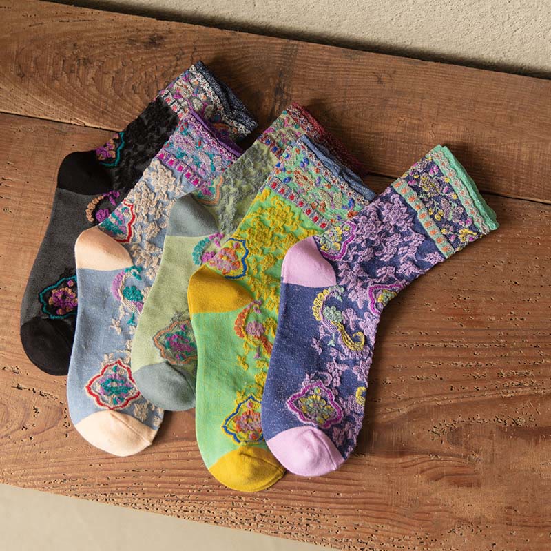 Nimara Ritual Retro Embossed Floral Pattern Micro Crew Women Cotton Socks