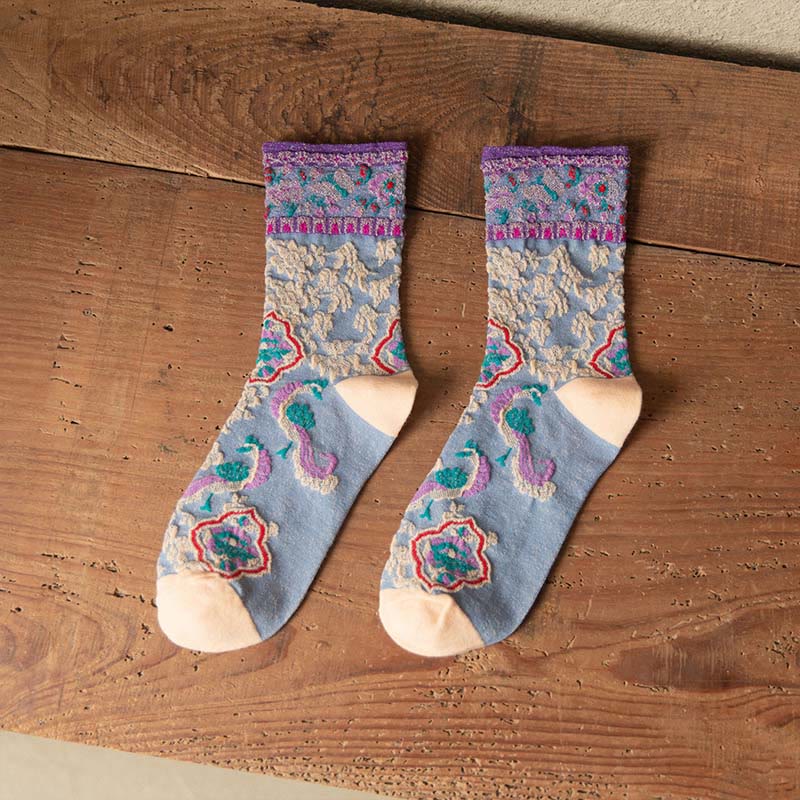 Nimara Ritual Retro Embossed Floral Pattern Micro Crew Women Cotton Socks