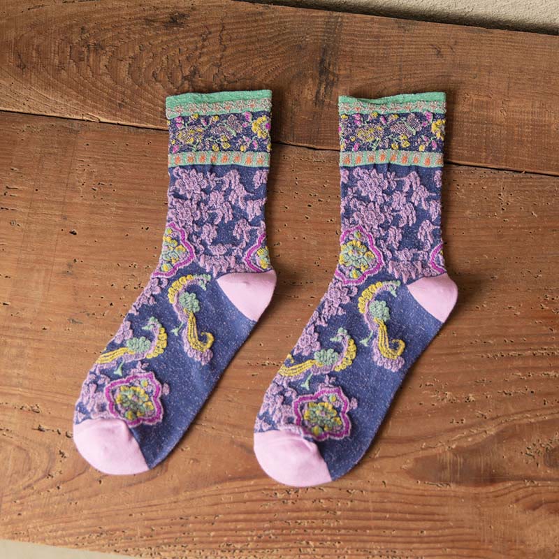 Nimara Ritual Retro Embossed Floral Pattern Micro Crew Women Cotton Socks