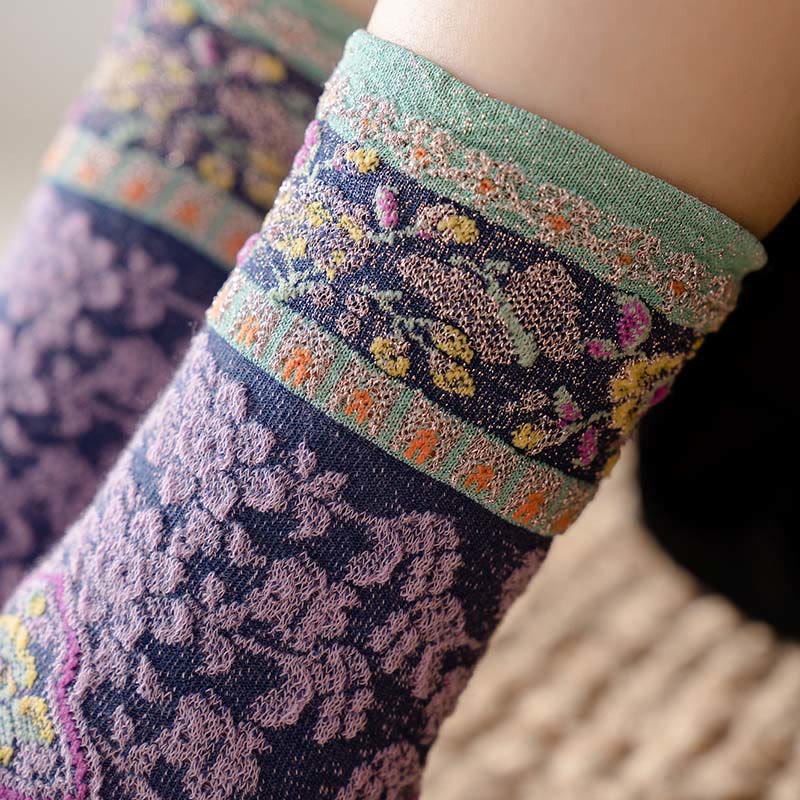 Nimara Ritual Retro Embossed Floral Pattern Micro Crew Women Cotton Socks