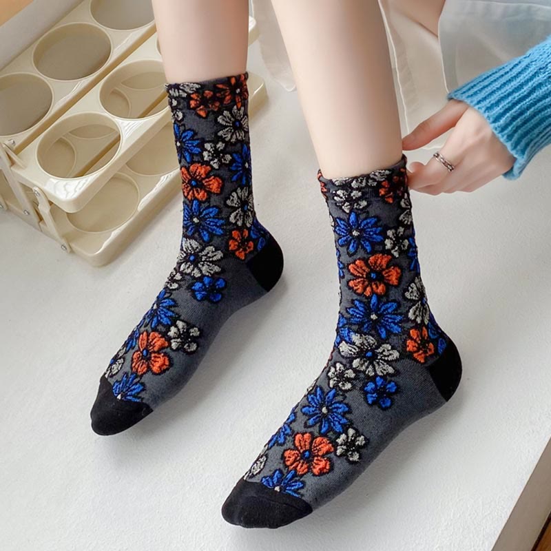 Nimara Ritual Ethnic Textured Floral Contrasting Color Design Women's Micro Crew Cotton Socks
