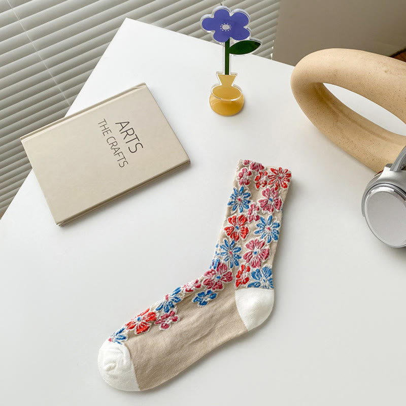 Nimara Ritual Ethnic Textured Floral Contrasting Color Design Women's Micro Crew Cotton Socks