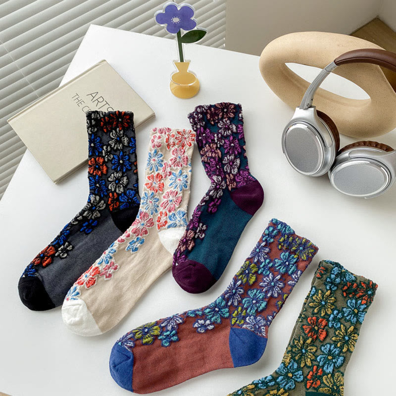 Nimara Ritual Ethnic Textured Floral Contrasting Color Design Women's Micro Crew Cotton Socks