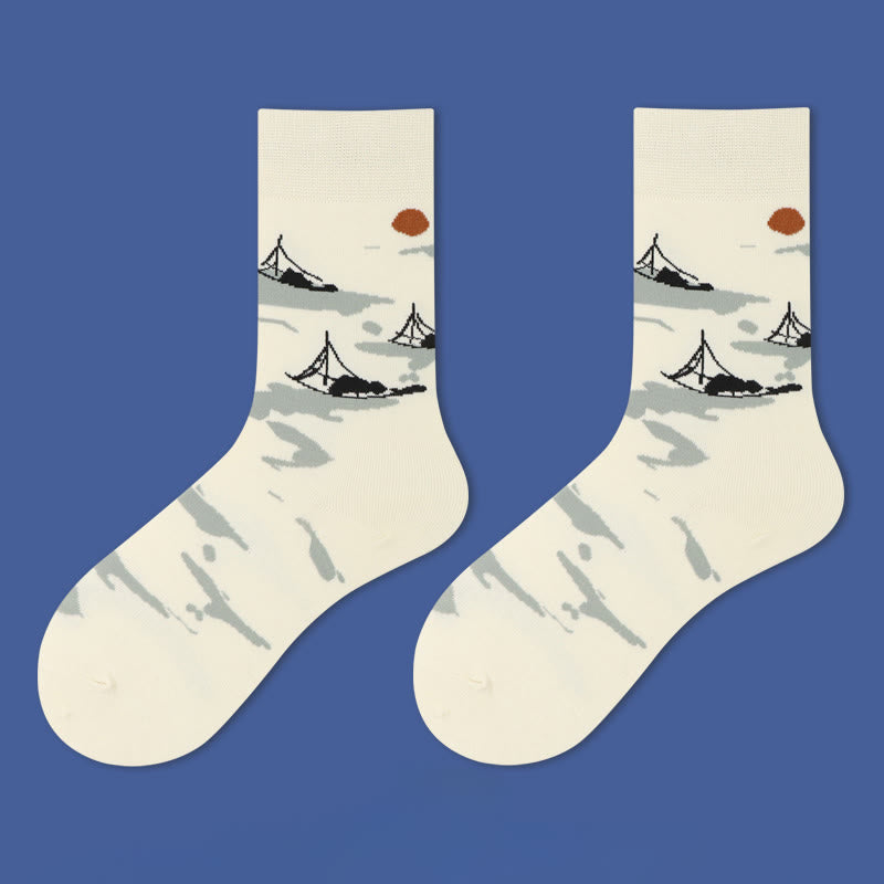 Nimara Ritual Casual Sailboat Ancient Town Lotus Orchid Countryside Micro Crew Women's Socks