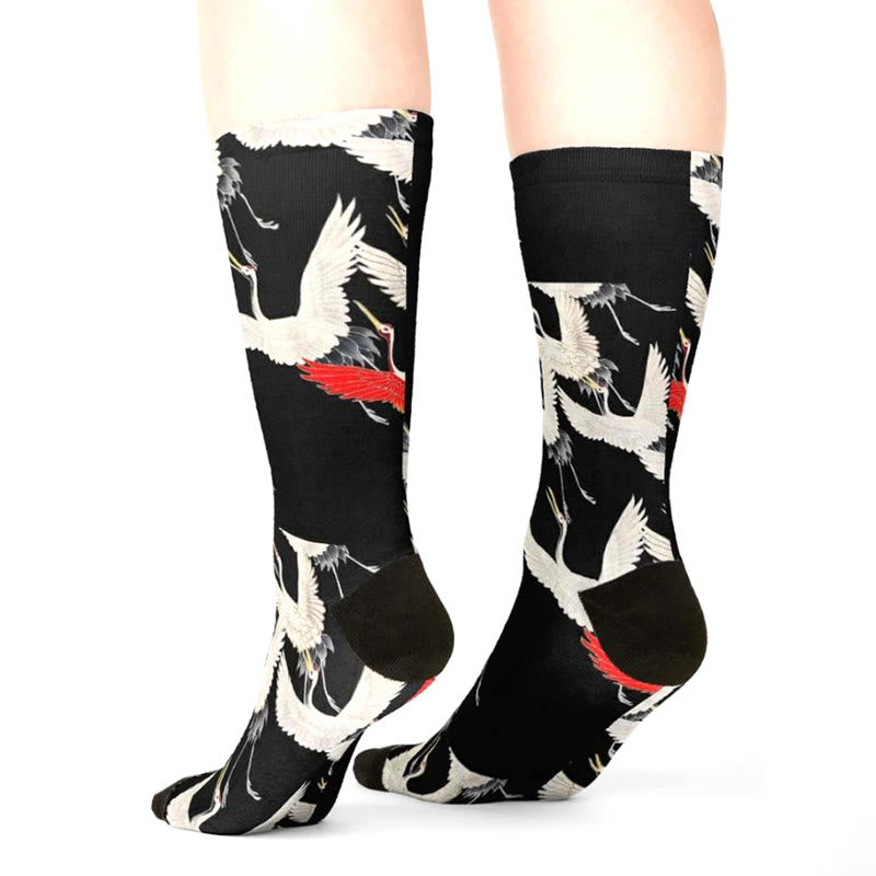Nimara Ritual Casual White Red Cranes Micro Crew Men Women Unisex Socks