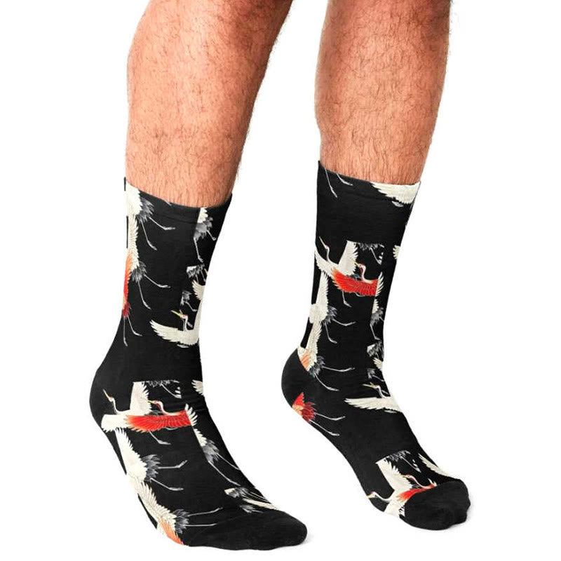 Nimara Ritual Casual White Red Cranes Micro Crew Men Women Unisex Socks