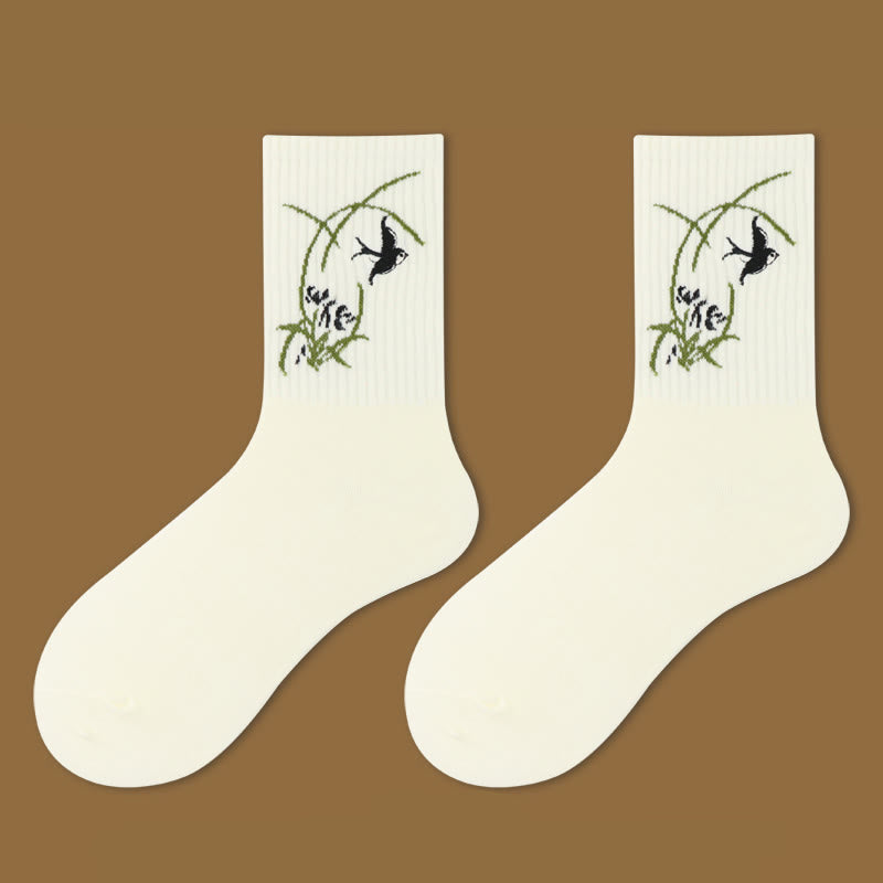 Nimara Ritual Casual Lotus Pavilion Deer Peaceful Character Swallows Micro Crew Women's Socks