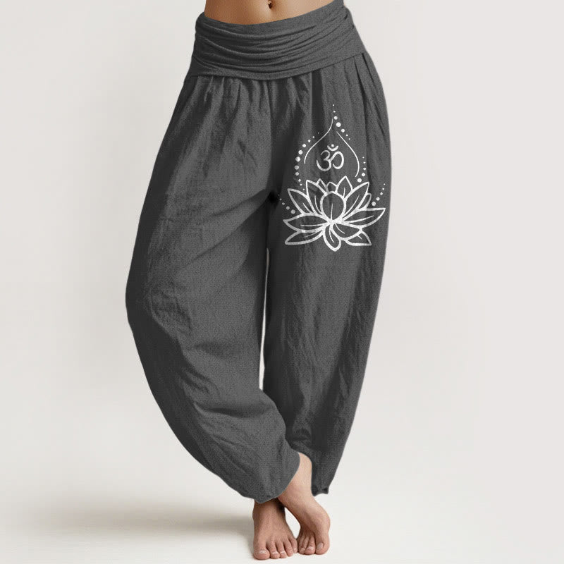 Nimara Ritual Blooming Lotus Om Symbol Pattern Women's Elastic Waist Harem Cotton Pants