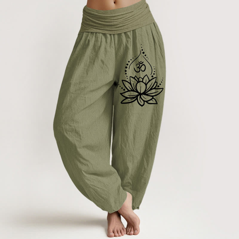Nimara Ritual Blooming Lotus Om Symbol Pattern Women's Elastic Waist Harem Cotton Pants