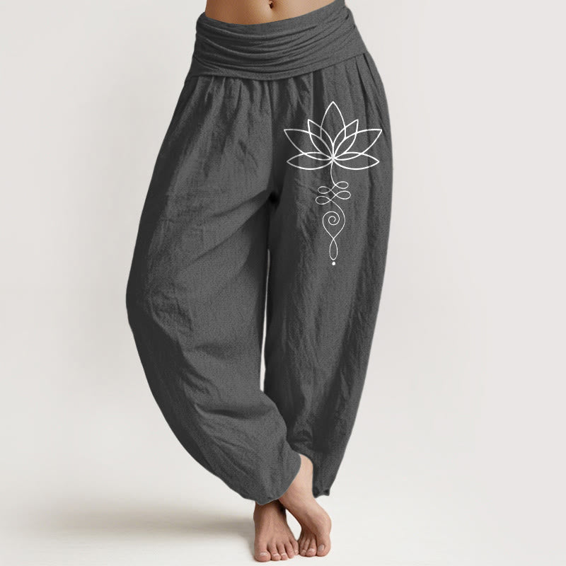 Nimara Ritual Lotus Unalome Symbol Pattern Women's Elastic Waist Harem Pure Cotton Pants