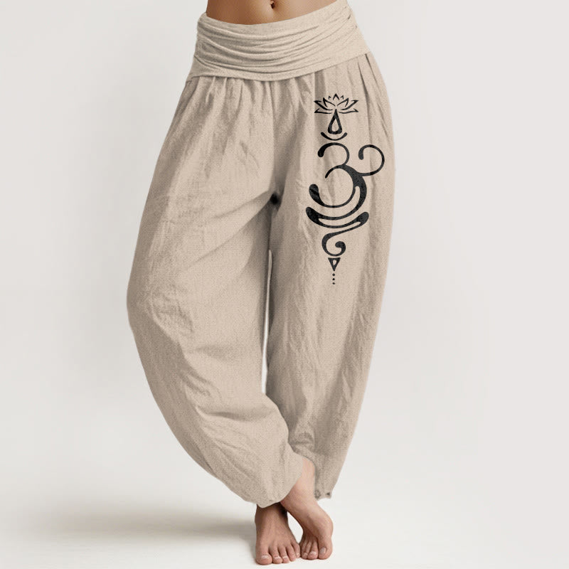Nimara Ritual Lotus Flower Unalome Symbol Pattern Pure Cotton Women's Elastic Waist Harem Pants