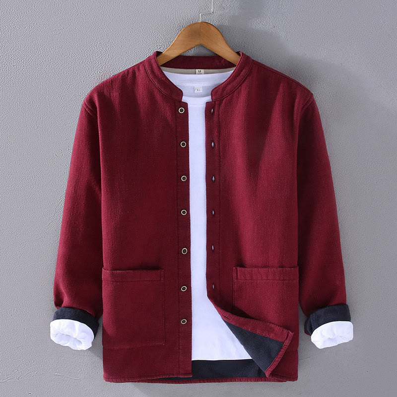 Nimara Ritual Men's Stnad Collar Long Sleeve Thermal Fleece-lined Ramie Cotton Jacket With Pockets