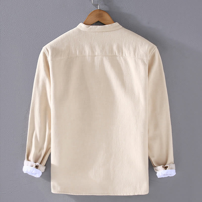 Nimara Ritual Men's Stnad Collar Long Sleeve Thermal Fleece-lined Ramie Cotton Jacket With Pockets