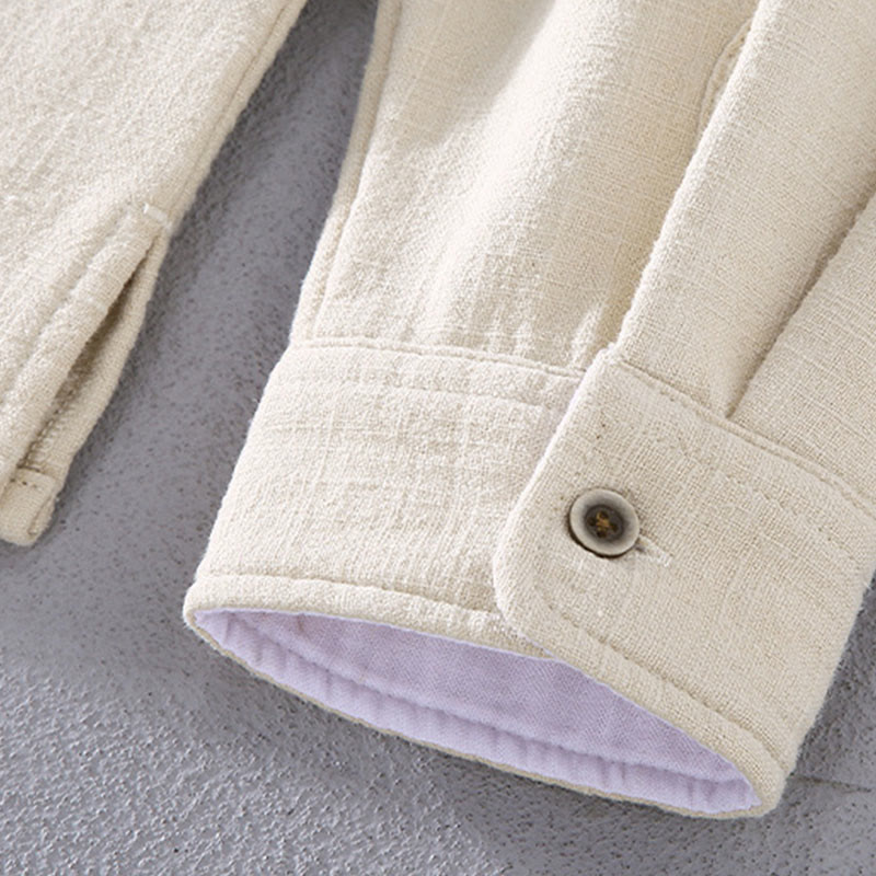 Nimara Ritual Men's Stnad Collar Long Sleeve Thermal Fleece-lined Ramie Cotton Jacket With Pockets