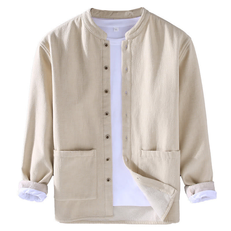 Nimara Ritual Men's Stnad Collar Long Sleeve Thermal Fleece-lined Ramie Cotton Jacket With Pockets