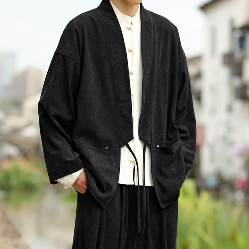 Nimara Ritual Solid Color Open Front Long Sleeve Jacket Men's Cotton Corduroy Kimono With Pockets